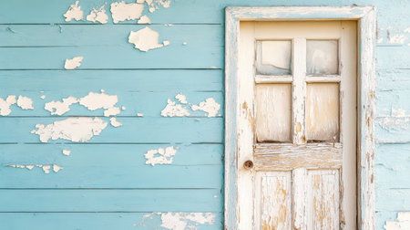 A dilapidated house with peeling paint and broken door evokes nostalgiaの素材