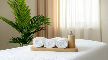 A Soft white towels and dispenser on wooden tray in serene spa settingの素材