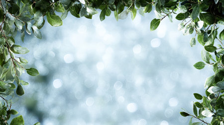 A Lush green leaves frame serene blue background with soft bokeh effectsの素材