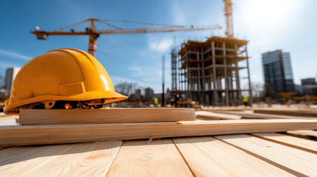 A construction site bustling with activity, featuring yellow hard hatの素材
