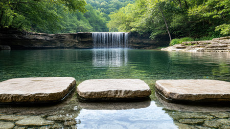 A serene landscape with tranquil waterfall and clear waterの素材