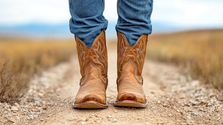 A Stylish cowboy boots on dusty trail, showcasing rugged outdoor fashionの素材