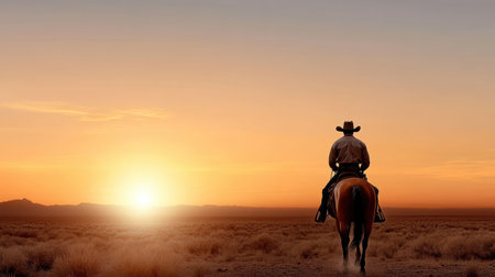 A cowboy riding horse at sunset in vast desert landscape evokes sense of adventure and freedomの素材