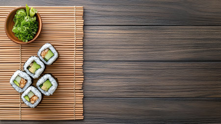 A Freshly made sushi rolls on bamboo mat with green onionsの素材