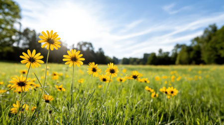 A Bright yellow wildflowers bloom in sunny meadow, creating cheerful sceneの素材