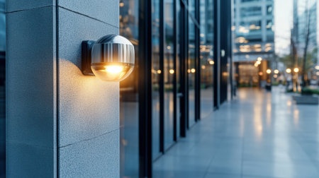 A Modern outdoor wall light illuminating sleek urban building facadeの素材