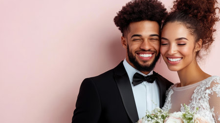 A joyful couple smiling together against pastel pink backgroundの素材