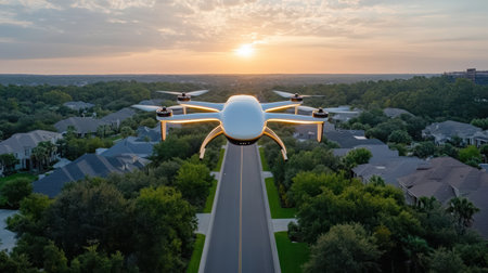 A delivery drone flying over suburban neighborhood at sunsetの素材