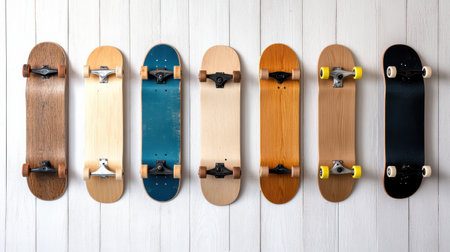A Colorful skateboard collection displayed on wall, showcasing various designs and materialsの素材
