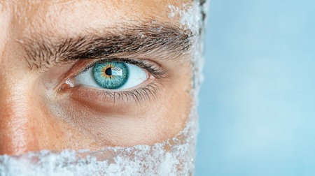 A close up of man eye with icy frost around it, showcasing vibrant blue colorの素材