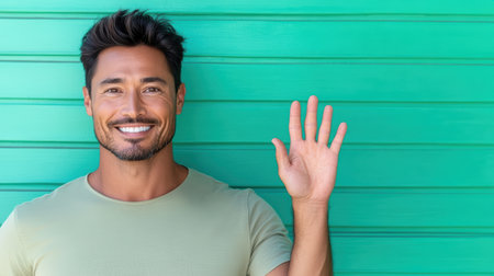 A Friendly man waving against bright teal background, expressing warmth and positivityの素材