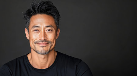 A Smiling Asian man with short hair and serious expression against dark backgroundの素材
