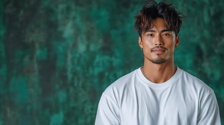 A serious Asian man in white shirt against green backgroundの素材