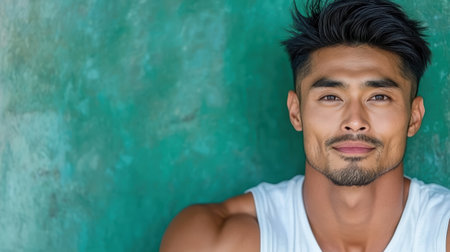 A serious Asian man with confident expression against green backgroundの素材