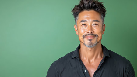 A relaxed Asian man smiling against muted green backgroundの素材