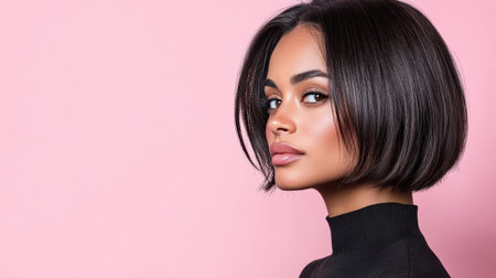 An Elegant Asian woman with stylish haircut against pink backgroundの素材