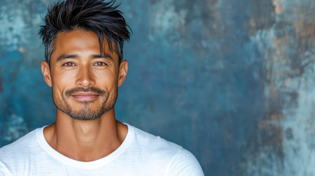 A serious looking man with dark hair poses against blue backgroundの素材