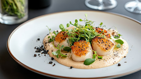 An Exquisite seafood dish featuring seared scallops on creamy sauceの素材