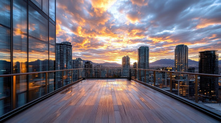 A city skyline at sunset with vibrant colors reflecting on glass buildingsの素材