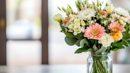 A vibrant bouquet of mixed flowers in glass jar, brightening spaceの素材