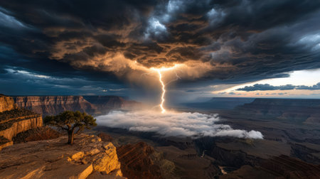 A lightning bolt illuminates dark canyon under dramatic cloudsの素材