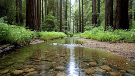 A serene sequoia grove with gentle stream flowing through lush greeneryの素材