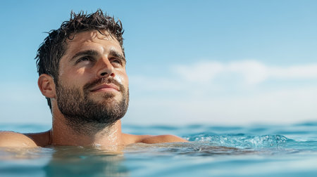 A man enjoying refreshing swim under clear sky, radiating joyの素材