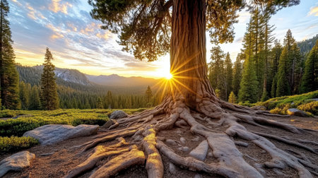 A majestic sequoia tree with sun rays shining through its branches at sunsetの素材