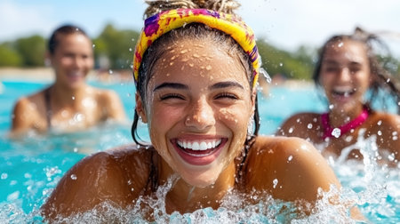 A Happy woman splashing water with friends in sunny pool settingの素材
