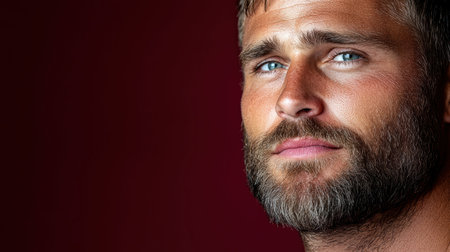 A close up of man with rugged beard and striking blue eyes, exuding confidenceの素材