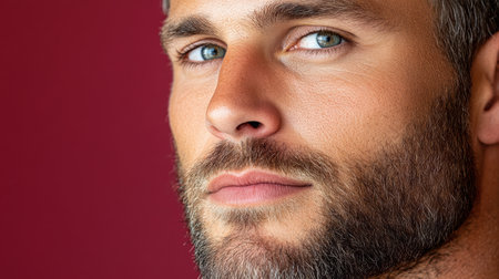 A close up of man with rugged beard and striking blue eyesの素材