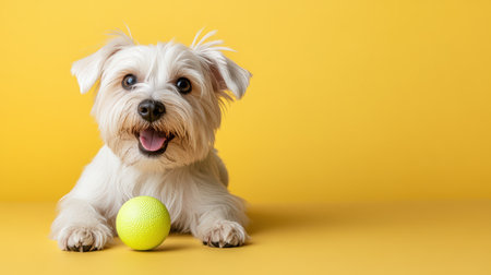 An Energetic puppy playing with ball on sunny yellow backgroundの素材