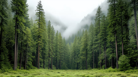 A Lush green sequoia trees in foggy landscape create mystical atmosphereの素材