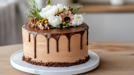 A Luxurious chocolate cake with floral decorations and rich frostingの素材