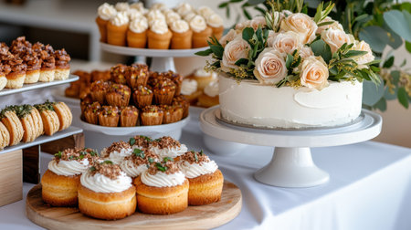 A Lavish dessert table featuring colorful pastries and elegant cakeの素材