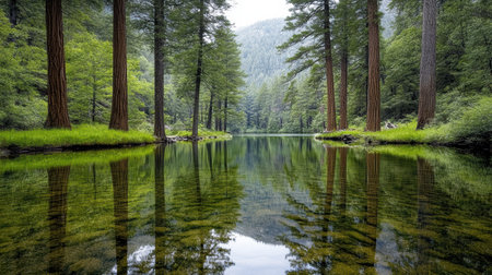 A Tranquil lake reflecting tall sequoia trees in serene forest settingの素材