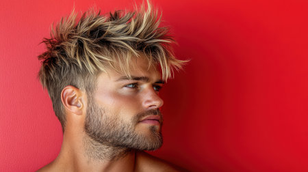 A Stylish man with trendy haircut against vibrant red backgroundの素材