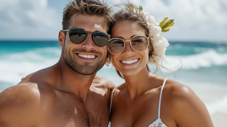 A Couple enjoying sunny beach day, smiling and sharing joyful momentの素材