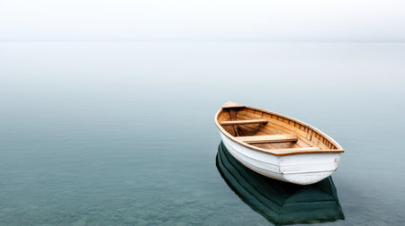 A small, eerie boat drifts aimlessly on foggy lake, creating serene atmosphereの素材