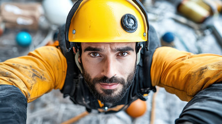 A focused rock climber in safety gear, showcasing determination and skillの素材