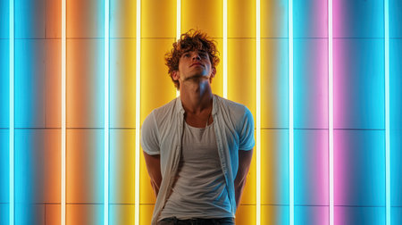 A young man standing in front of colorful neon lights, looking up thoughtfullyの素材