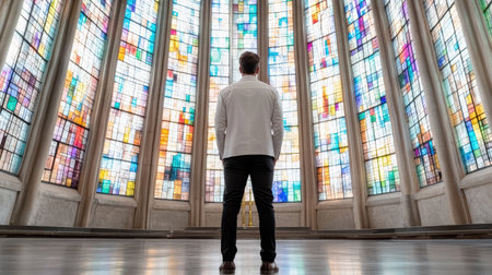 A man standing in front of large stained glass window, reflecting on beautyの素材