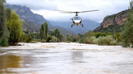 A Rescue operation with helicopter over flooded river landscapeの素材