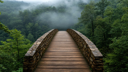 A serene stone bridge surrounded by lush greenery and mysterious fogの素材