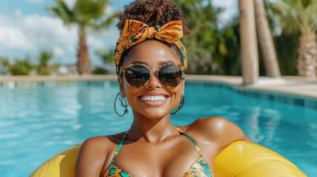 A person lounging on float in pool, wearing stylish sunglasses and headbandの素材