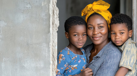 A mother and her two children smiling together in cozy settingの素材