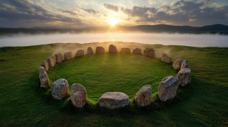 A swirling mist envelops ancient stone circle at sunrise, creating mystical atmosphereの素材