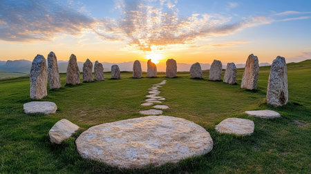 An Ancient stone circle at sunset, surrounded by mist and mountainsの素材