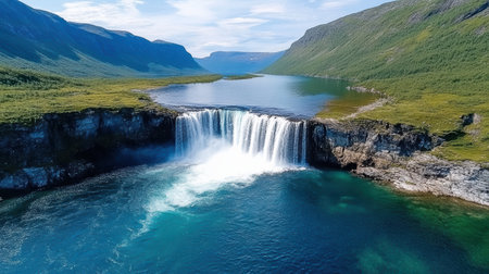 An Aerial view of majestic waterfall cascading into serene lake, surrounded by lush greenery andの素材
