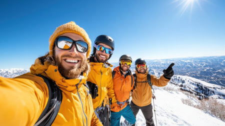 A Skiers taking selfie on snowy mountain top, enjoying sunの素材